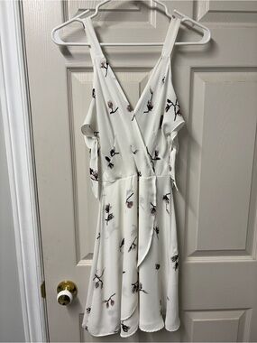 Dynamite White Floral Wrap Dress with Pink Buds